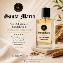 A luxury perfume bottle of "Santa María Age Old Mysore Sandalwood" by Startup Aromas, showcased on a marble platform surrounded by raw sandalwood pieces, featuring a 5-star customer review and key product highlights against a warm, elegant beige backgroun