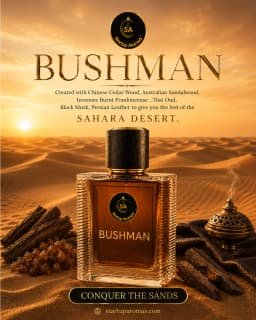 An elite bottle of Bushman luxury perfume filled with dark amber liquid, set against a vast Saharan desert backdrop at sunset. The bottle is styled alongside premium raw materials like stacked cedar wood, frankincense resins, and an ornamental bronze ince