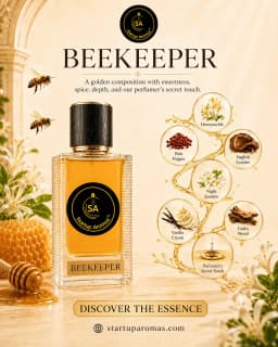 Beekeeper luxury fragrance bottle by Startup Aromas, surrounded by honeycombs, flying bees, and white honeysuckle flowers. Beside it, a glowing golden stream highlights ingredient bubbles for Honeysuckle, Pink Pepper, English Leather, Night Jasmine, Vanil