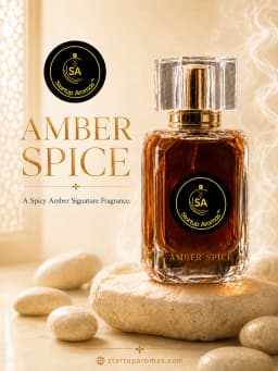Amber Spice luxury signature fragrance bottle by Startup Aromas, elegantly resting on smooth black river stones with a dramatic, warm smoky background.