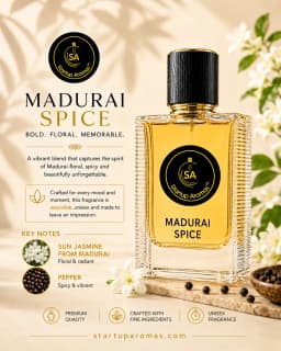 A premium quality unisex luxury perfume bottle showcased on a natural stone surface with fresh Sun Jasmine flowers and cracked spices to define a memorable, vibrant luxury scent.
