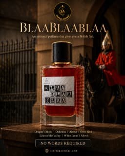 A striking cinematic shot of the BlaaBlaaBlaa luxury perfume bottle filled with rich crimson liquid, standing on a dark stone plinth against a atmospheric British street background featuring a Royal Guard mounted on a black horse.