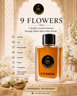 An elegant glass bottle of 9 Flowers luxury perfume filled with rich golden juice, standing on an intricately carved ivory marble plinth surrounded by fresh white blooms, star anise, and raw spices within an opulent palace terrace setting.