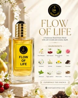 Product display for Flow of Life perfume by Startup Aromas. A clear glass bottle filled with golden fragrance sits on a stone pedestal surrounded by fresh red cherries, pears, lime slices, dark chocolate, and white blossoms on a bright cream background.