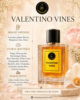 Valentino Vines luxury perfume bottle with a vibrant yellow label by Startup Aromas, beautifully placed on a marble podium. The background features delicate white baby's breath and pink roses, alongside listed fragrance layers for Bright Opening, Floral B
