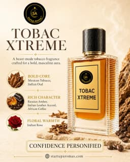 Tobac Xtreme luxury perfume bottle with a vibrant yellow label by Startup Aromas, beautifully placed against a dark background with rising smoke, scattered coffee beans, and dried tobacco leaves. Beside it, realistic imagery showcases a rich rose, coffee