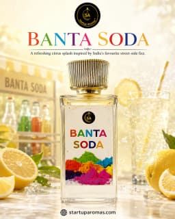 Banta Soda luxury perfume bottle by Startup Aromas, featuring a colorful label with vibrant powder colors, displayed on a marble surface surrounded by fresh lemons, ice cubes, a street-side soda cart stall background, and a glass of fizzy lemon soda.