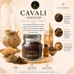 A striking cinematic shot of a clear glass jar filled with Cavali Dhoop powder resting on a round marble tray, flanked by an ornate smoking brass burner, a vial of amber oil, and golden resin drops.